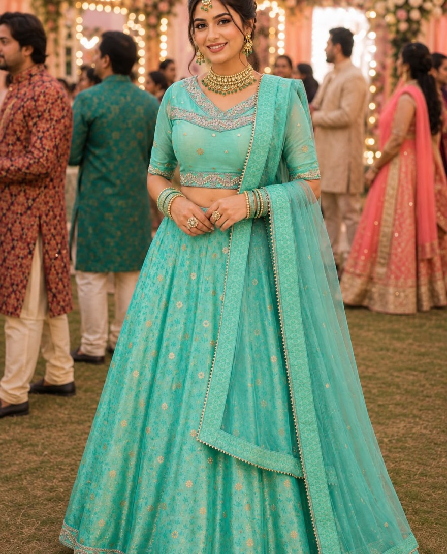 SEAGREEN - Embroidered Work Viscose Lehenga Choli In Sea Green Colour